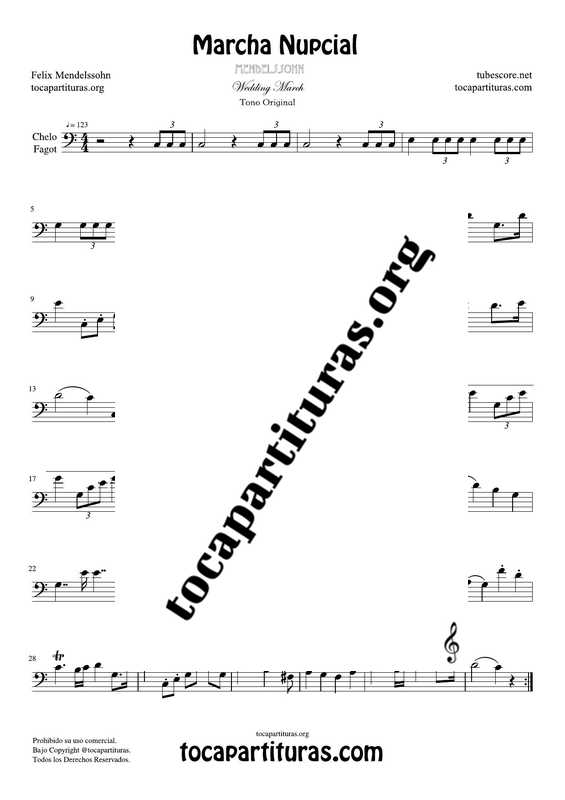 Marcha Nupcial de Mendelssohn Partitura de Chelo / Fagot (Cello/Bassoon) Tono Original