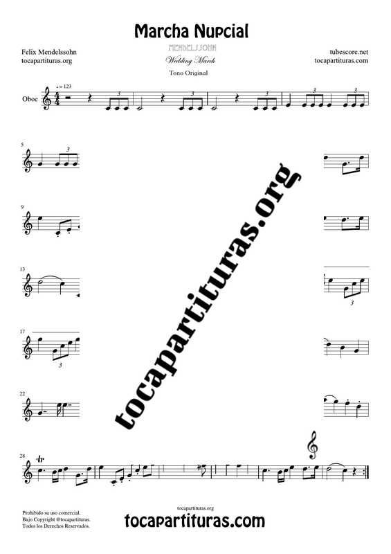 Marcha Nupcial de Mendelssohn Partitura de Oboe Tono Original