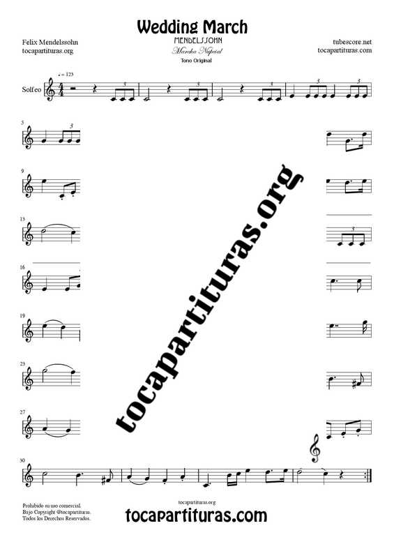 Marcha Nupcial de Mendelssohn Partitura de Solfeo (Entonación y Ritmo) Tono Original