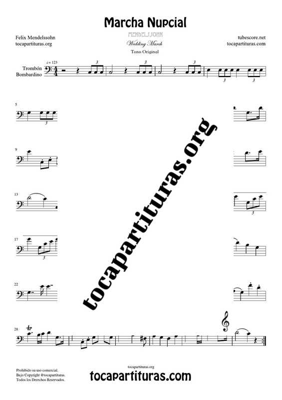 Marcha Nupcial de Mendelssohn Partitura de Trombón / Bombardino (Trombone / Euphonium) Tono Original