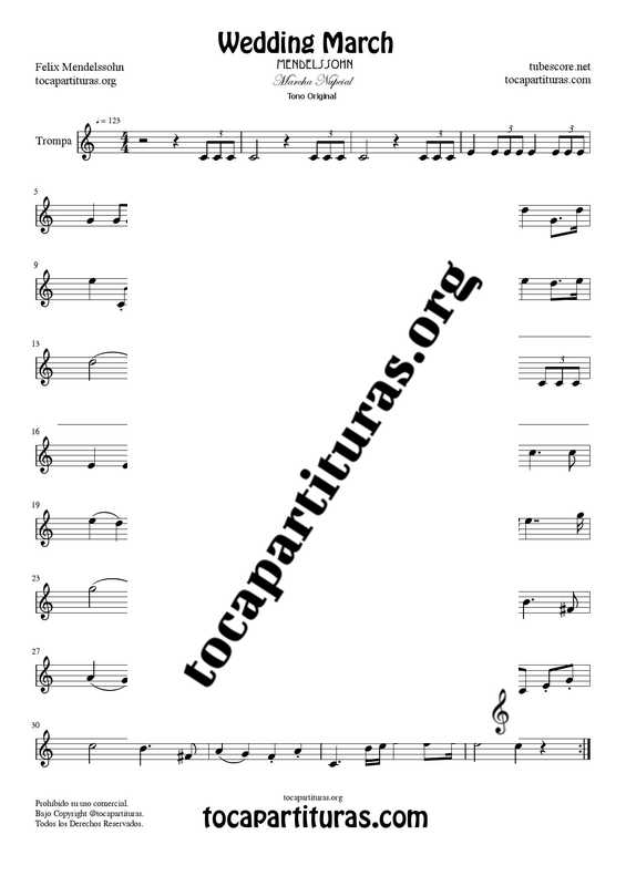Marcha Nupcial de Mendelssohn Partitura de Trompa (French Horn) Tono Original