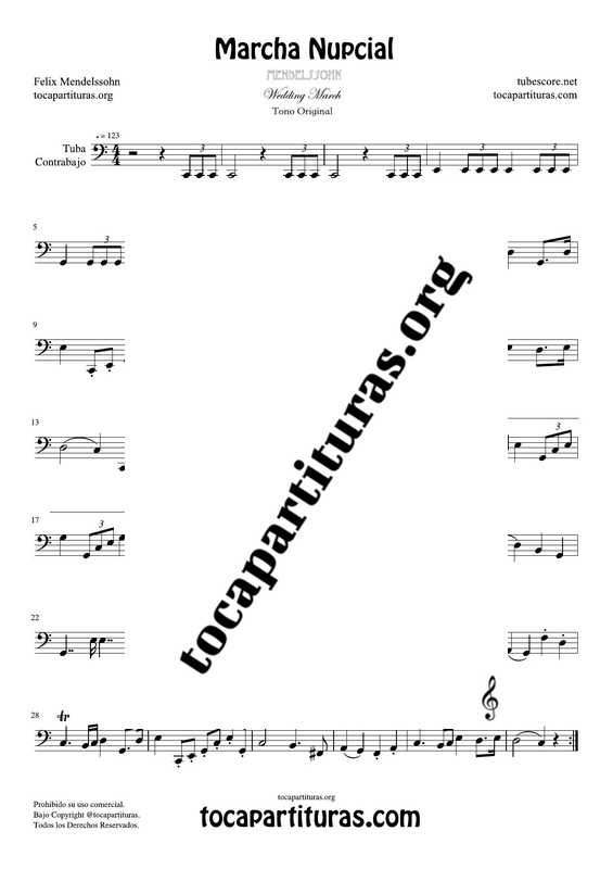 Marcha Nupcial de Mendelssohn Partitura de Tuba / Contrabajo (Contrabass) Tono Original
