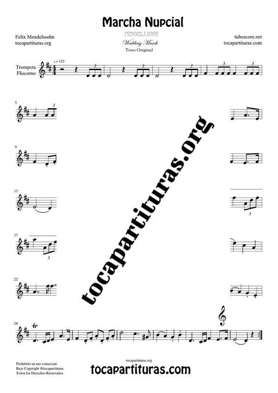 Marcha Nupcial de Mendelssohn Partitura de Trompeta / Fliscorno (Trumpet / Flugelhorn) Tono Original