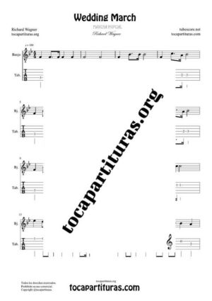 Marcha Nupcial de Wagner (Bridal Chorus) Partitura y Tablatura de Banjo Tono Fácil