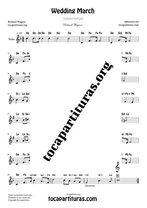 Marcha Nupcial de Wagner (Bridal Chorus) Partitura Fácil con Notas en letra (Tono Original)