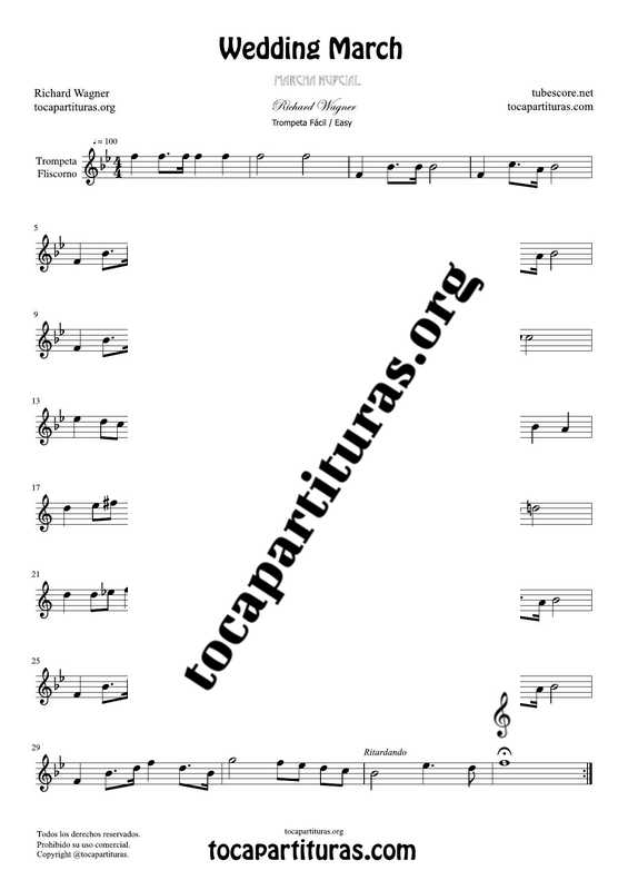 Marcha Nupcial de Wagner (Bridal Chorus) Partitura de Trompeta / Fliscorno en la tonalidad de Si bemol