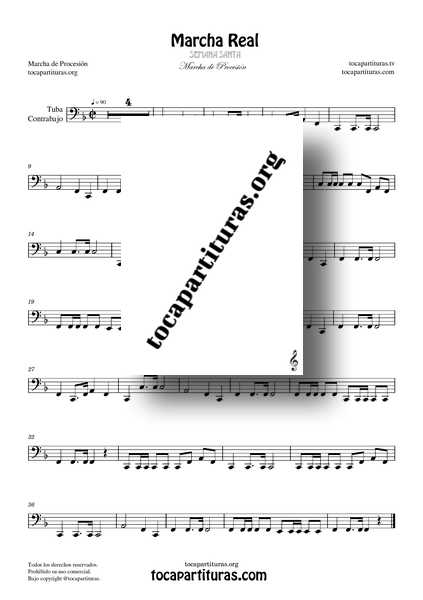 Marcha Real Procesional Partitura PDF Fácil de Tuba : Contrabajo en Fa Mayor (F) Marchas de Procesión Manuel Espinosa de los Monteros Nivel Inicial