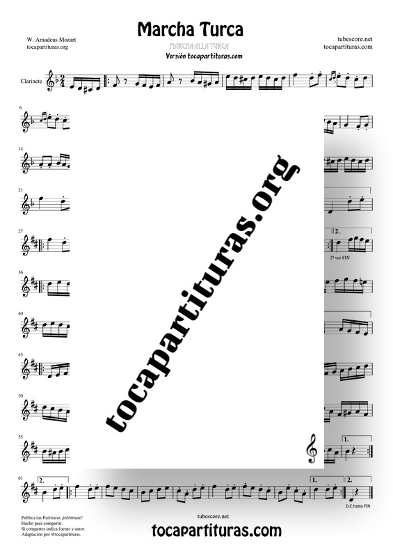 Marcha Turca de Mozart Partitura de Clarinete 2 Sheet Music for Clarinet MP3 KARAOKE MIDI PDF