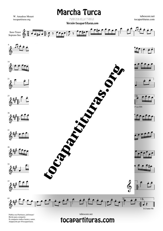 Marcha Turca de Mozart PDF MIDI KARAOKE Partitura de Saxofón Tenor y Soprano Saxo Sheet Music for Tenor Saxophone & Soprano Sax