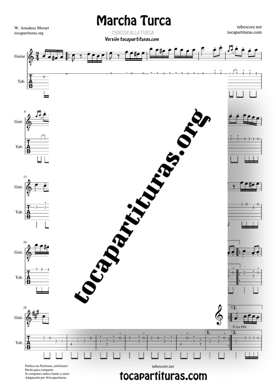 Marcha Turca de Mozart PDF MIDI KARAOKE Tablatura y Partitura de Guitarra Punteo Tab Guitar Tablature Sheet Music for Guitarrists