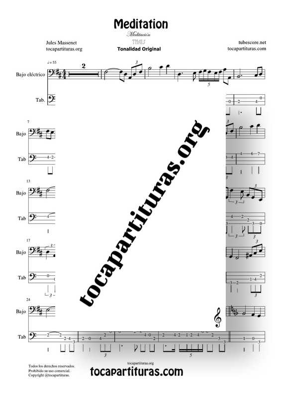 Meditation de Thais Partitura y Tablatura de Bajo Eléctrico Punteo  (Electric Bass Tabs) Tonalidad Fácil - Tienda Online Partituras PDF y MIDI  tocapartituras