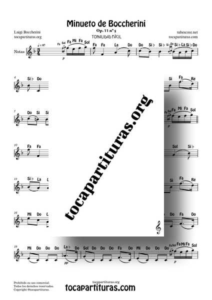 Minueto de Boccherini Partitura PDF karaoke MIDI con Notas en Fa Mayor Flautas Violín Oboe... Tonalidad Fácil 01