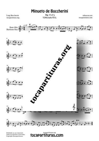 Minueto de Boccherini Partitura PDF KARAOKE MIDI MP3 de Saxo Alto y Barítono en Fa Mayor Tonalidad Fácil