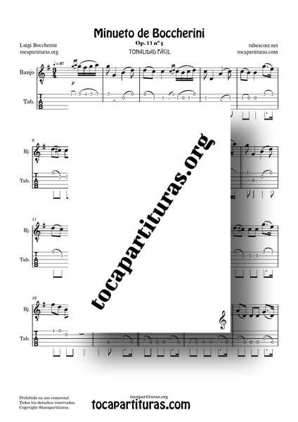 Minueto de Boccherini Partitura y Tablatura PDF MIDI KARAOKE MP3 de Banjo en Sol Mayor Tonalidad Fácil 01