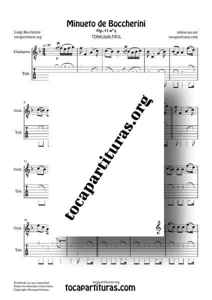 Minueto de Boccherini Partitura y Tablatura PDF KARAOKE MP3 MIDI de Guitarra en Fa Mayor Tonalidad Fácil 01