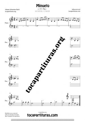 Minueto de Bach BWV Anh. 114 en Do Mayor Partitura para Piano Fácil (original en Sol)
