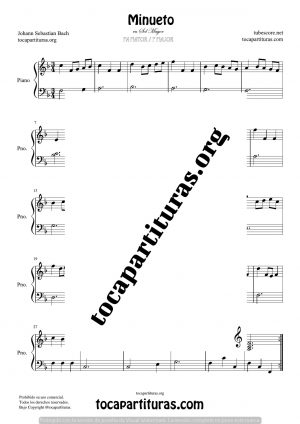 Minueto de Bach BWV Anh. 114 en Fa Mayor Partitura para Piano Fácil (original en Sol Mayor)