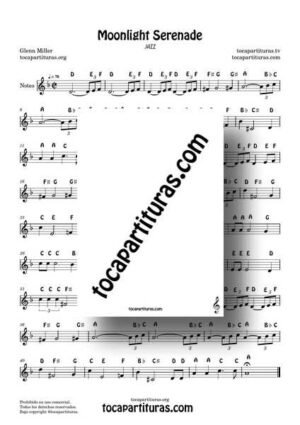 Moonlight Serenade Easy Notes KARAOKE Sheet Music for Flute Violin Recorder Oboe… in F Major