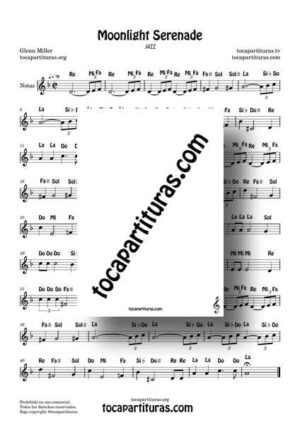 Moonlight Serenade Partitura Fácil con Notas de Flauta Dulce Violín Oboe Flauta Travesera en Fa Mayor