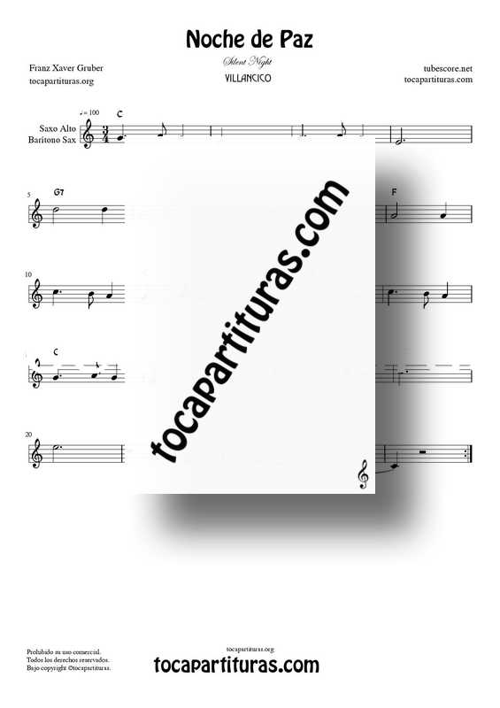 Noche de Paz Partitura PDF MIDI de Saxofón Alto y Barítono Sax en Do Mayor (Silent NIght C)