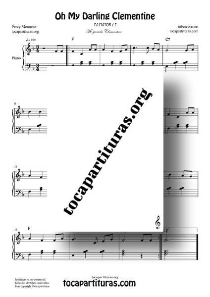 Oh My Darling Clementine PDF MIDI Partitura de Piano Fácil en Fa Mayor