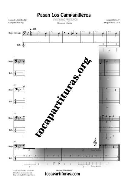 Pasan los Campanilleros Partitura y Tablatura PDF de Bajo Eléctrico Tonalidad Original Sol menor Marcha de Procesión de Manuel López Farfán Nivel Medio Solista 1