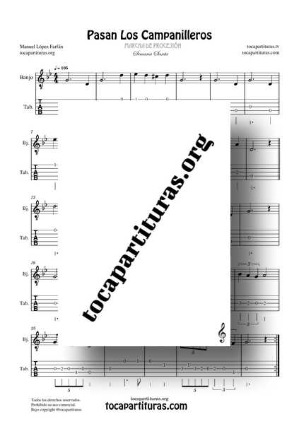 Pasan los Campanilleros Partitura y Tablatura PDF de Banjo Tonalidad Original Sol menor Marcha de Procesión de Manuel López Farfán Nivel Medio Solista 1