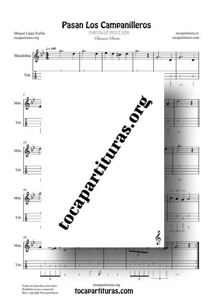 Pasan los Campanilleros Partitura y Tablatura PDF de Mandolina Tonalidad Original Sol menor Marcha de Procesión de Manuel López Farfán Nivel Medio Solista 1