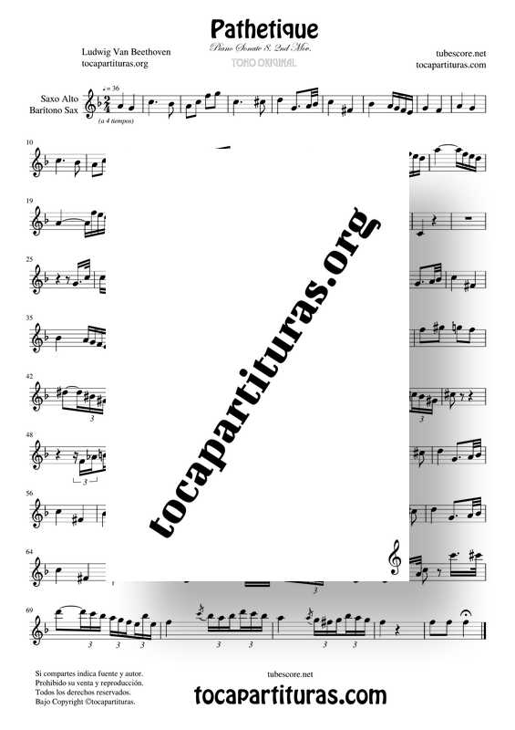 Pathetique Partitura de Saxofón Alto y Barítono Sonata 8 2º Mov. Sheet Music for Alto Saxophone & Baritone Saxo Beethoven PDF MIDI