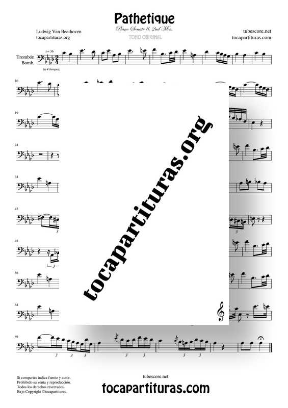 Pathetique Partitura de Trombón y Bombardino Sonata 8 2º Mov. Sheet Music for Trombone Euphonium Beethoven
