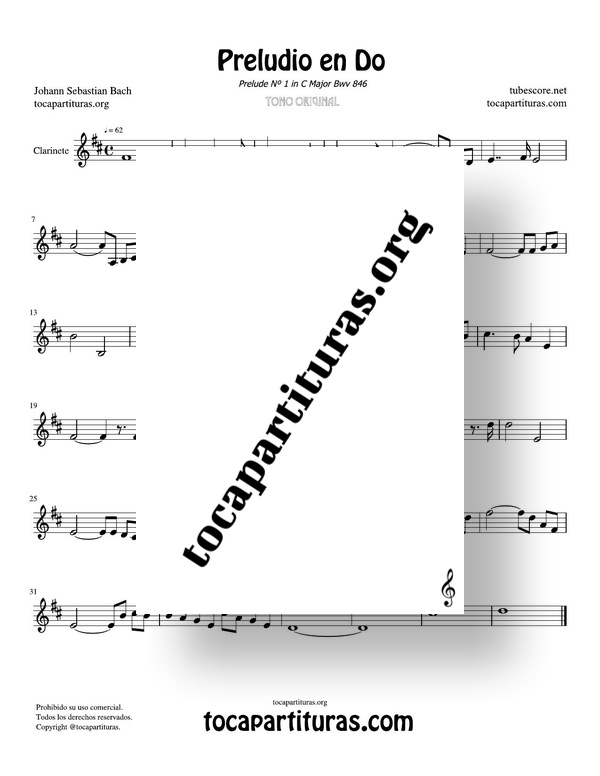 Preludio en Do Bwv 846 de Bach Partitura de Clarinete
