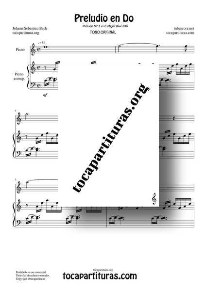 Preludio en Do de Bach Partitura de Dúo de Piano PDF MIDI KARAOKE MP3 ( Melodía + Acompañamiento)