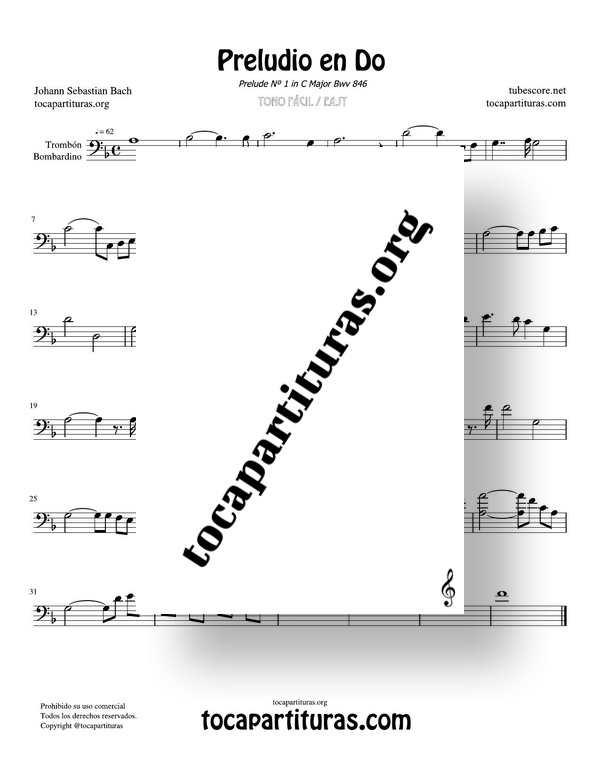 Preludio en Do de Bach Partitura de Trombón y Bombardino Sheet Music for Trombone y Euphonium Preludio en Do