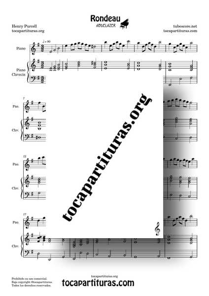 Rondeau Abdelazer Purcell Partitura de Piano, Clavecín o Teclado en Mim PDF MIDI KARAOKE MP3