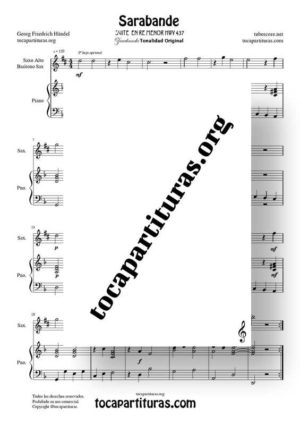 Sarabande de Haendel Partitura de Dúo de Saxofón Alto / Saxo Barítono + Piano Acompañamiento