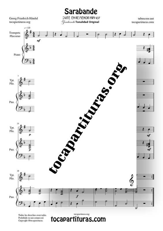 Sarabande de Haendel Partitura de Dúo de Trompeta / Fliscorno + Piano Acompañamiento
