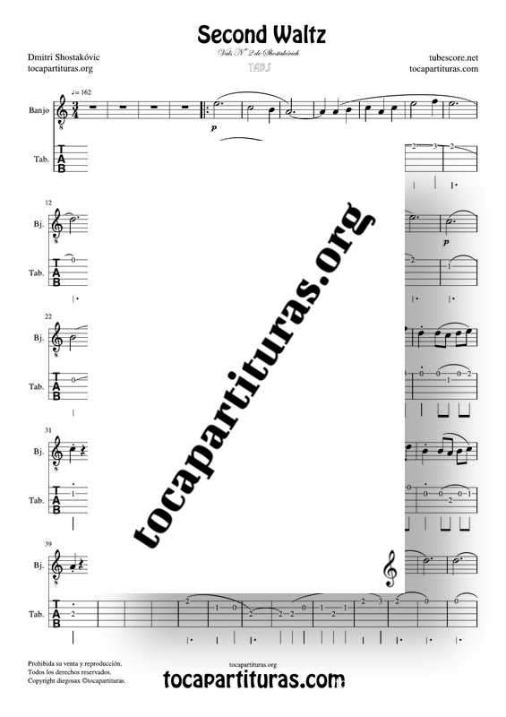 Second Waltz Partitura Tablatura de Banjo Tabs Vals Nº 2 Shostakovich Tablature PDF KARAOKE MIDI MP3