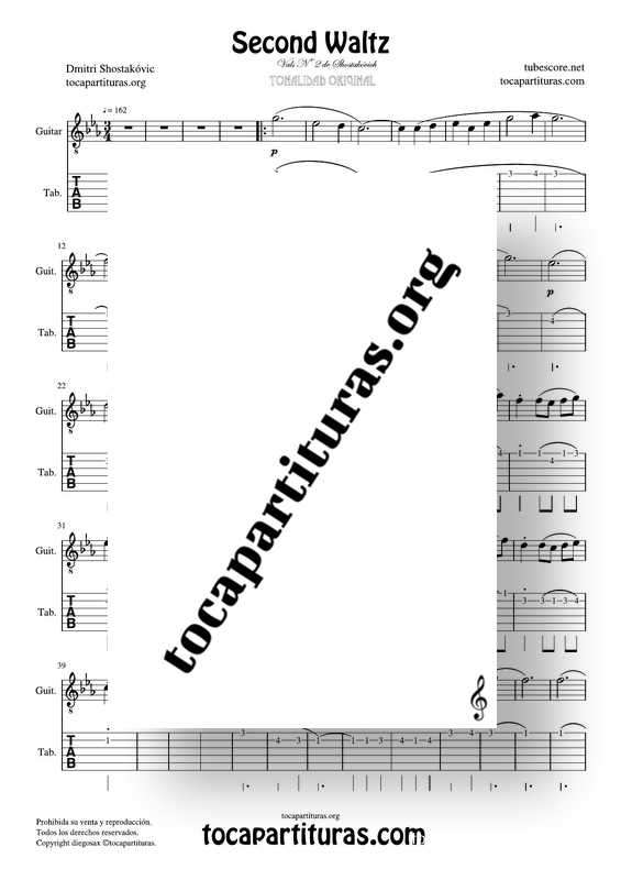 Second Waltz Partitura Tablatura de Guitarra Tabs Vals Nº 2 Shostakovich Tablature PDF MIDI KARAOKE MP3 Venta