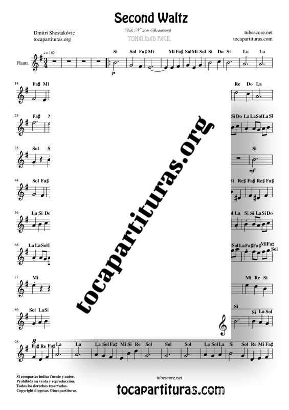 Second Waltz Partitura con Notas de Flaute Dulce Violin Oboe... Fácil Vals Nº 2 Shostakovich Sheet Music for Recorder Violin Oboe venta PDF MP3 PISTA KARAOKE MIDI