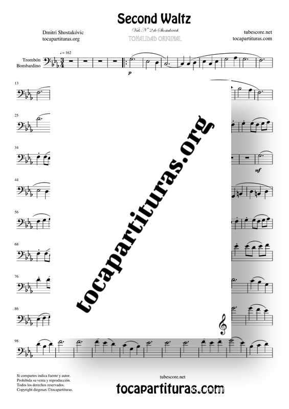 Second Waltz Partitura de Trombón & Bombardino Vals Nº 2 Shostakovich Sheet Music for Trombone Euphonium venta PDF MIDI KARAOKE MP3