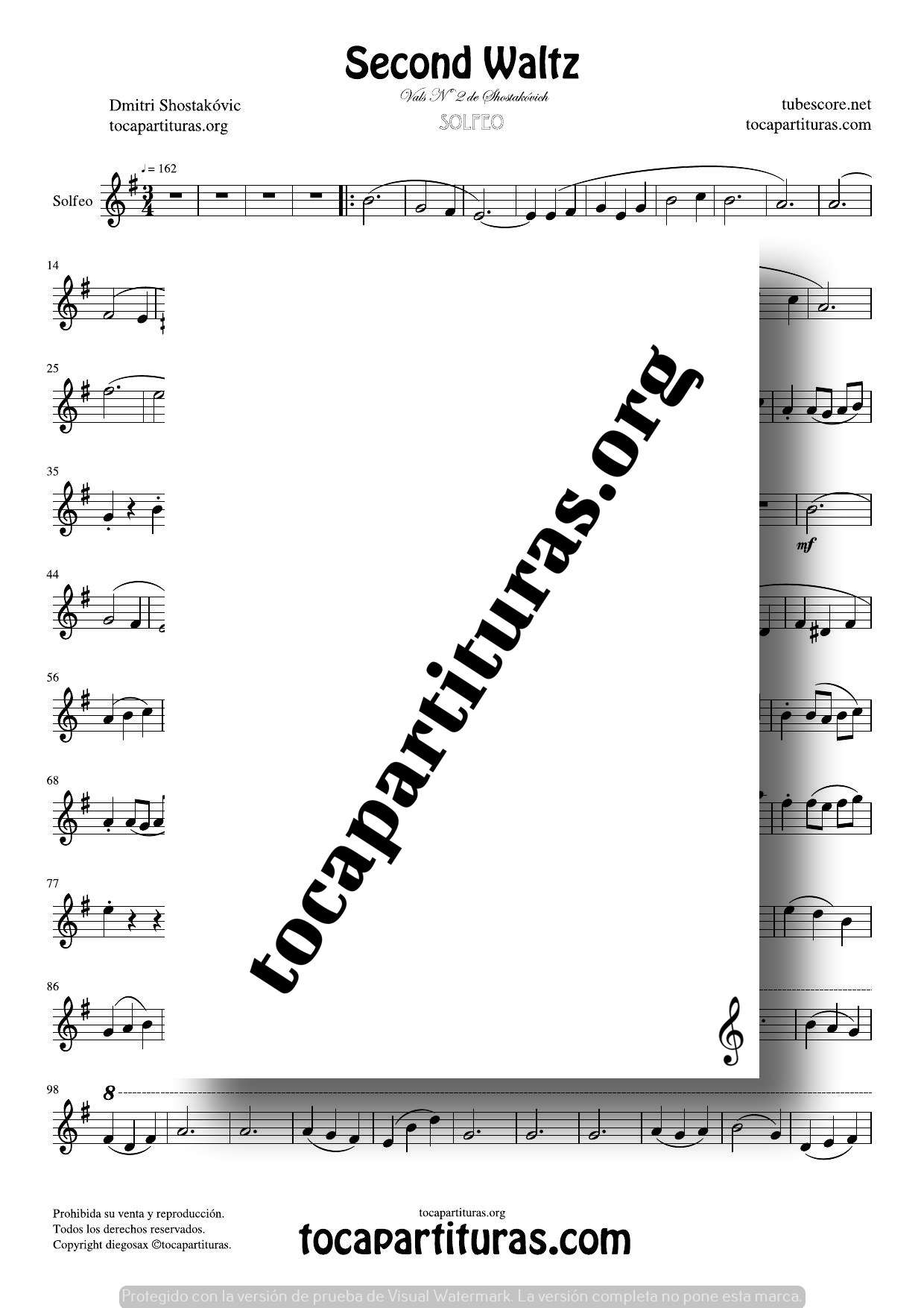 Second Waltz Partitura para Solfear (Entonación y Ritmo) en Clave de Sol Vals Nº 2 Shostakovich Easy PDF MIDI KARAOKE MP3
