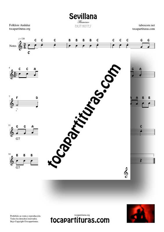 Sevillana Easy Notes Sheet Music for Flute Recorder Violín... Flamenco Song