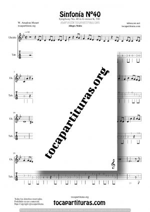 Sinfonía n.º 40 (Mozart) Tablatura y Partitura del Punteo de Ukelele (Guitar Tabs)