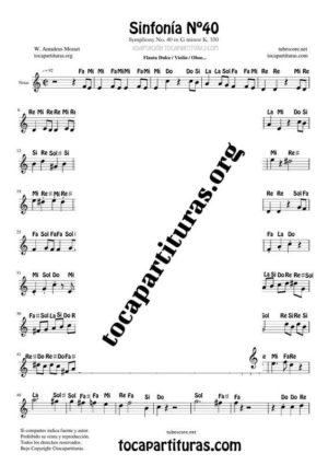 Sinfonía n.º 40 (Mozart) Partitura con Notas en letra en Clave de Sol