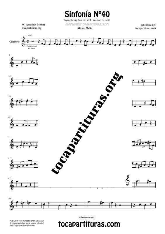 Sinfonía n.º 40 (Mozart) Partitura de Clarinete (Clarinet)