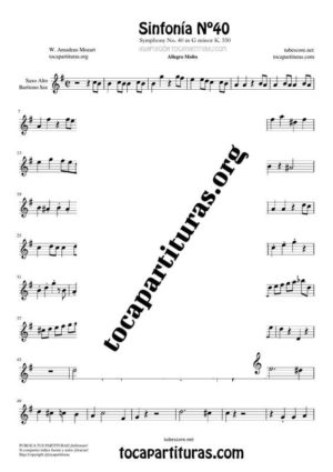 Sinfonía n.º 40 (Mozart) Partitura de Saxofón Alto / Saxo Barítono Mi bemol (E Flat Saxophone)