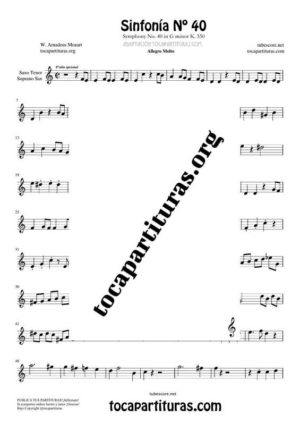 Sinfonía n.º 40 (Mozart) Partitura de Saxofón Tenor / Soprano Sax Si bemol (B Flat Saxophone)