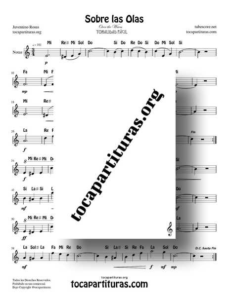 Sobre las Olas Partitura Fácil PDF Y MIDI con Notas de Flauta Dulce o de Pico (Over the Waves) Flautas Violin Oboe... Do Mayor Tonalidad Fácil