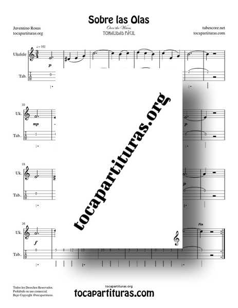 Sobre las Olas Partitura y Tablatura PDF Y MIDI Punteo de Ukelele (Over the Waves) Do Mayor Tonalidad Fácil 01