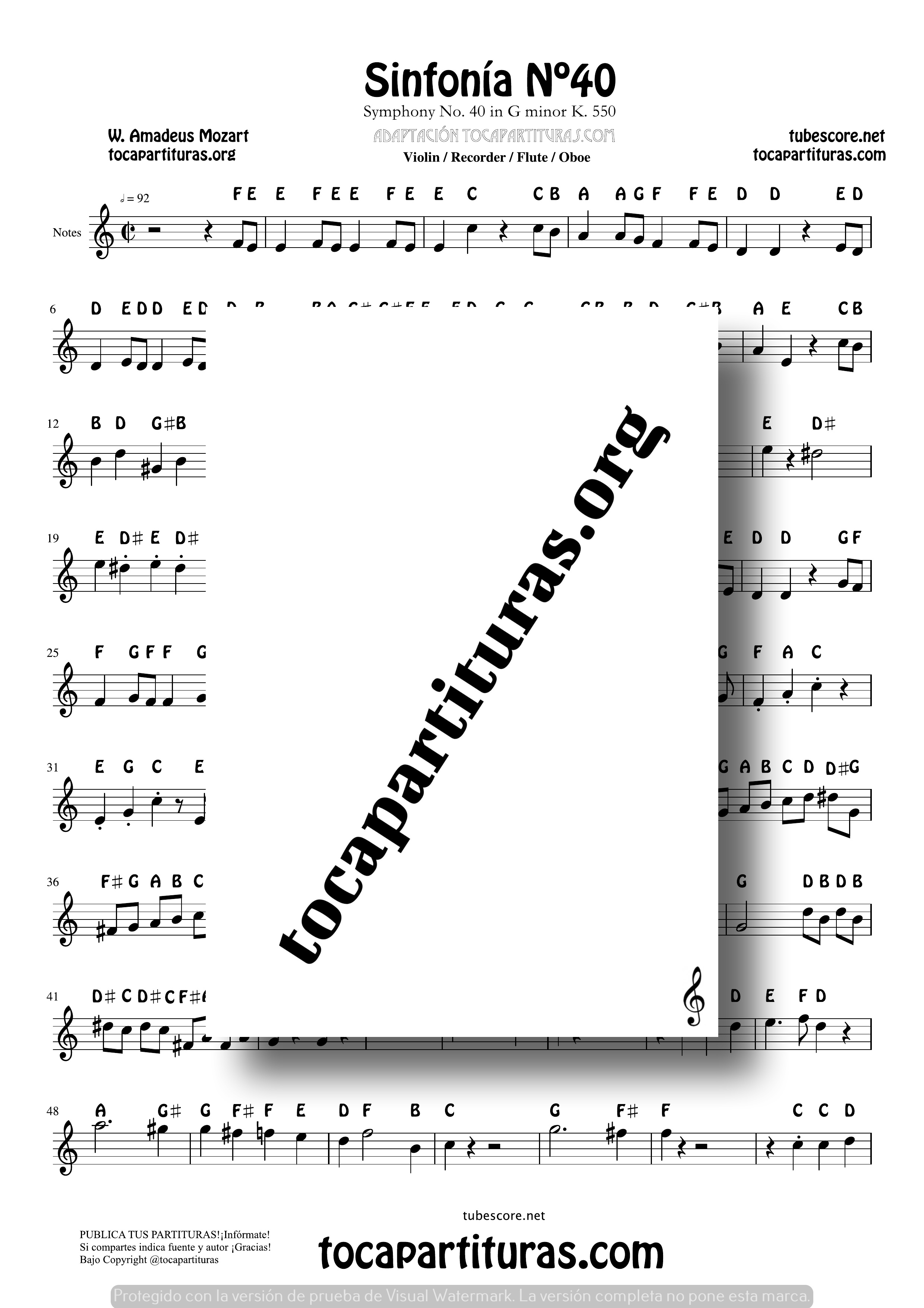 Sinfonía n.º 40 (Mozart) Easy Notes Sheet Music for Treble Clef (Violín, Oboe, Flute, Recorder…)